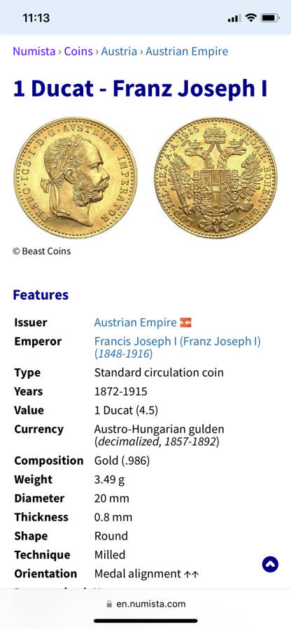 Excellent 1915 Austrian GOLD (98.6% fine) 1 Ducat Restrike coin - lot 1 of 2