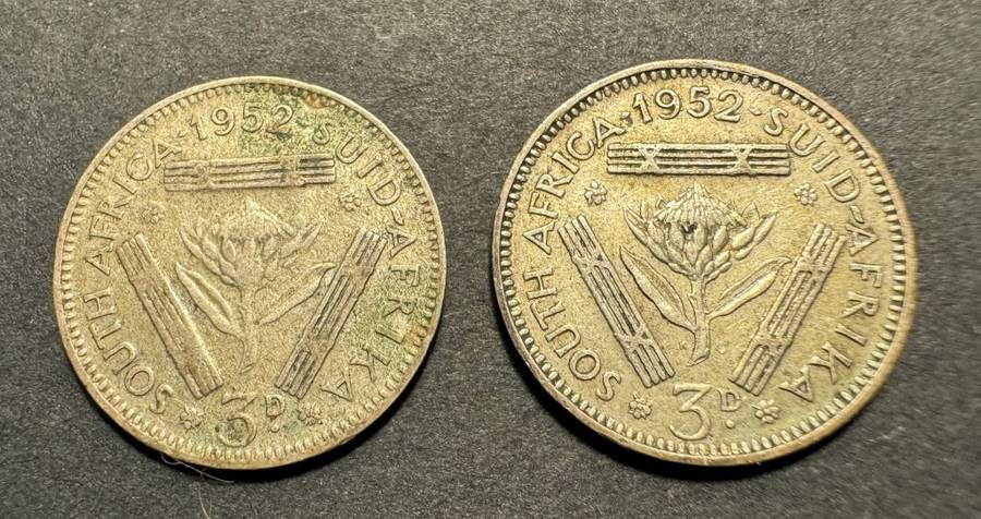 1952 SA Silver 3 pence coins - 2 available