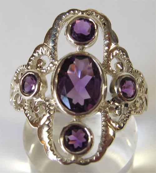 Lovely, Sterling Silver  and  Genuine Amethysts  Ring.