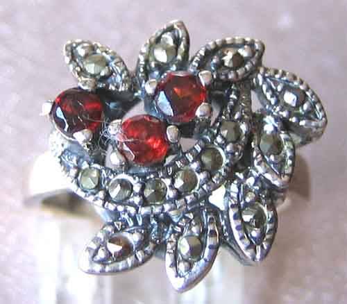 Solid 925 -Sterling Silver , Garnets and Marcasite Ring.