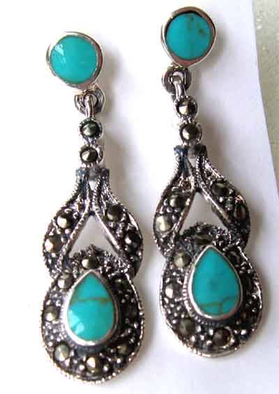 A pair of  Beautiful Sterling Silver, Turquoise and Marcasite Earrings.