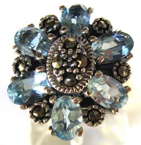 Stunning Sterling Silver , Sky Blue Topaz and Marcasite Ring.