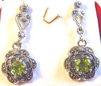 Sterling Silver, Marcasite and Peridot Earrings.