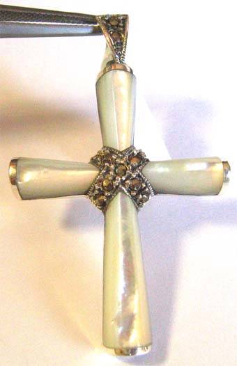 Ornate - Sterling Silver Mothe of Pearl and Marcasite Cross / Pendant.