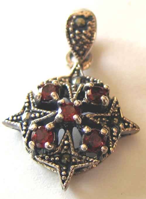 Sterling Silver, Marcasite and Geanuine Garnets Pendant.