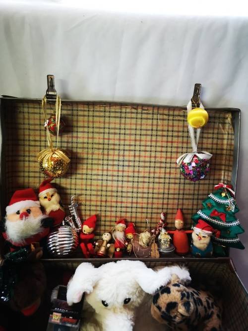 A stunning big lot of vintage Christmas decorations and gifts in a gorgeous vintage case