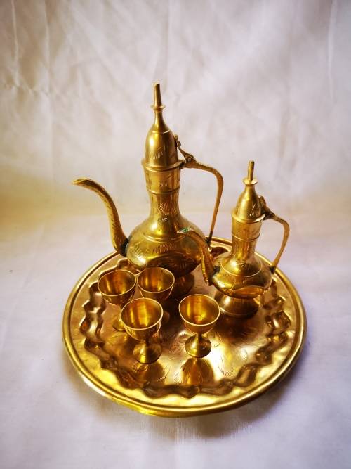 A Lovely vintage brass set - 2 Dallah style wine decanters and glasses on tray.
