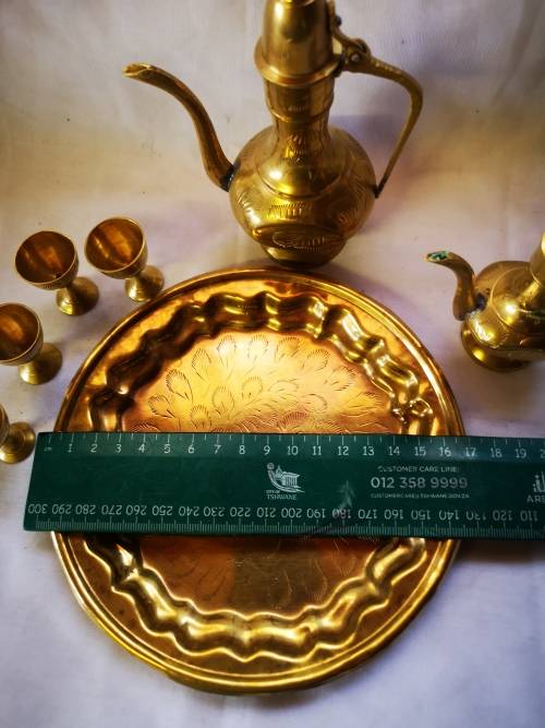 A Lovely vintage brass set - 2 Dallah style wine decanters and glasses on tray.