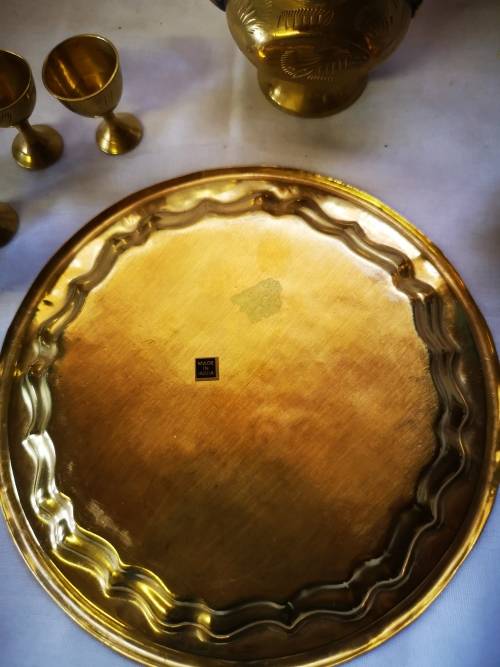 A Lovely vintage brass set - 2 Dallah style wine decanters and glasses on tray.