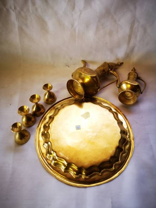 A Lovely vintage brass set - 2 Dallah style wine decanters and glasses on tray.