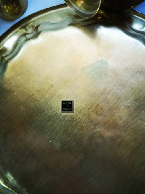 A Lovely vintage brass set - 2 Dallah style wine decanters and glasses on tray.