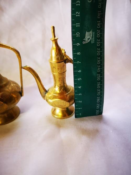 A Lovely vintage brass set - 2 Dallah style wine decanters and glasses on tray.