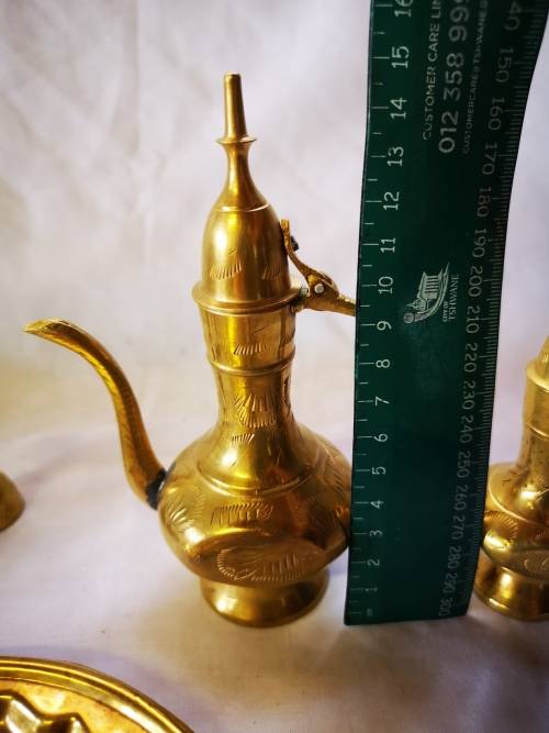 A Lovely vintage brass set - 2 Dallah style wine decanters and glasses on tray.