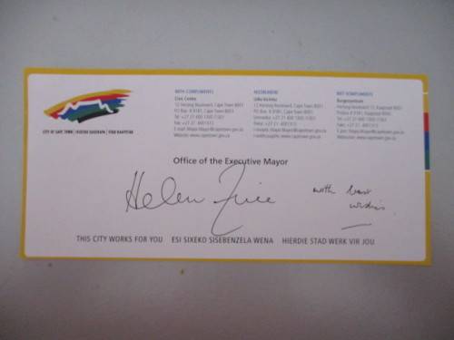 AUTOGRAPHED / SIGNED - COMPLIMENTARY SLIP -EXECUTIVE MAYOR- HELEN ZILLE