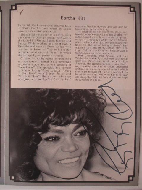 AUTOGRAPHED SIGNED - PROGRAMME EARTHA KITT AND  SOME NEWS PAPERS ARTICALS