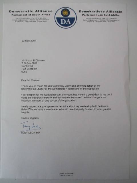 AUTOGRAPHED / SIGNED - TONY LEON - OPPOSITION LEADER  DA