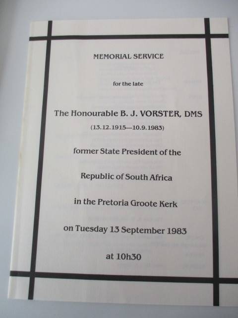 BURIAL PROGRAMME OF  PRESIDENT B.J . VORSTER   1983