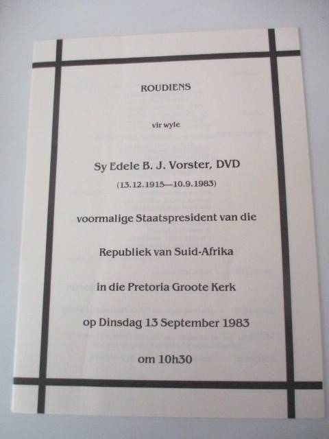 BURIAL PROGRAMME OF  PRESIDENT B.J . VORSTER   1983