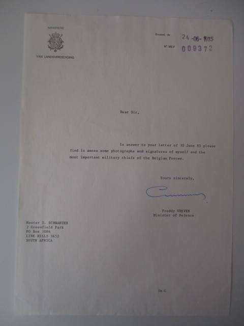 AUTOGRAPHED / SIGNED -  ALFRED VREVEN  MINISTER OF DEFENCE BELGIUM