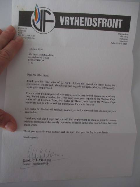 AUTOGRAPHED / SIGNED - LETTER FREEDOM FRONT -  BY GEN. C.L. VILJOEN