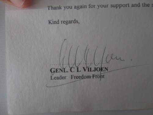 AUTOGRAPHED / SIGNED - LETTER FREEDOM FRONT -  BY GEN. C.L. VILJOEN