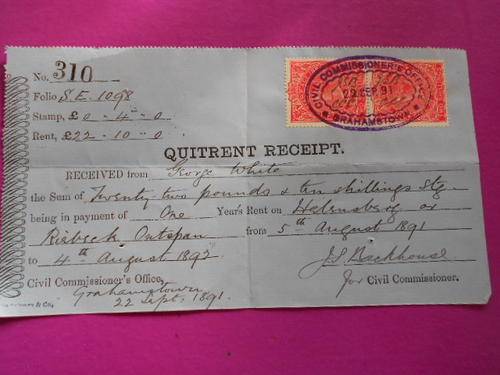 Antique quitrent Receipt 1891 with Queen Victoria Stamps great piece