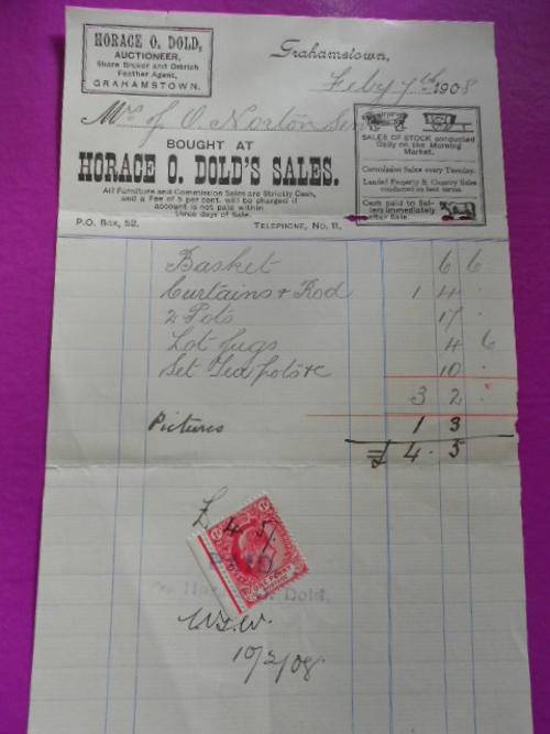 Antique Receipt Horace O. Dold's Sales 1908 - Around time of the Boer War and stamp