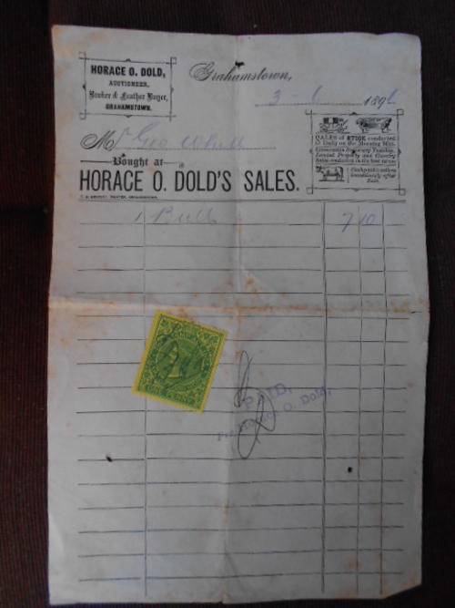 Antique Receipt Horace O. Dolds Sales 1891 time of the Boer War Queen Vic Stamp