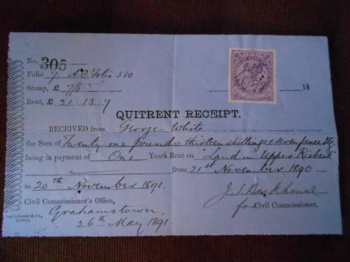 Antique Quitrent Receipt 1890 with lovely Queen Vic stamp