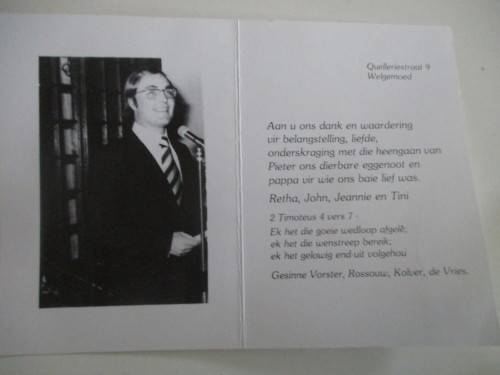 BURIAL PROGRAMME OF PIETER ANDRIES  VORSTER SON OF PAST PRESIDENT VORSTER