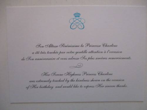 LOVELY THANK YOU CARD FROM PRINCESS CHARLENE OF MONACO FOR HER BIRTHDAY