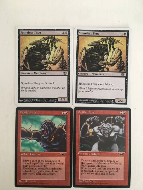 MAGIC THE GATHERING - 2 HALF SETS - SPINELESS THUG  X2 - BESTIAL FURY X2 - 4 CARDS