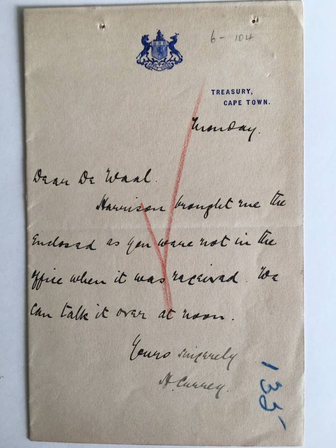 ANTIQUE LETTER  FROM HAROLD CURRY MINISTER OF FINANCE CAPE GOVERNMENT TO FREDERICK DE WAAL 1910