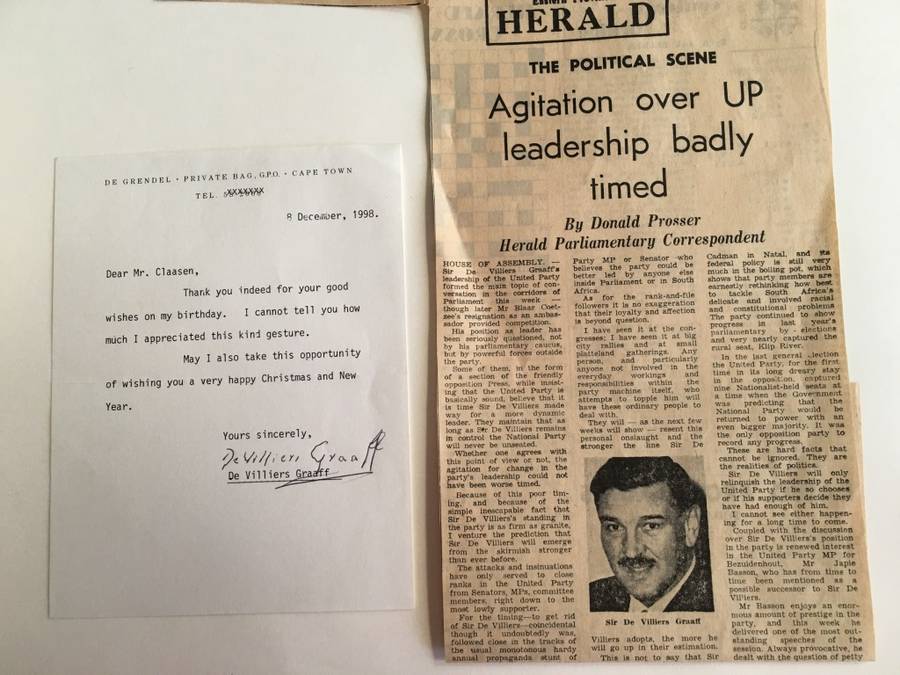 LOVELY SIGNED LETTER - SIR DE VILLIERS GRAAFF LEADER OF THE UNITED PARTY - 1972