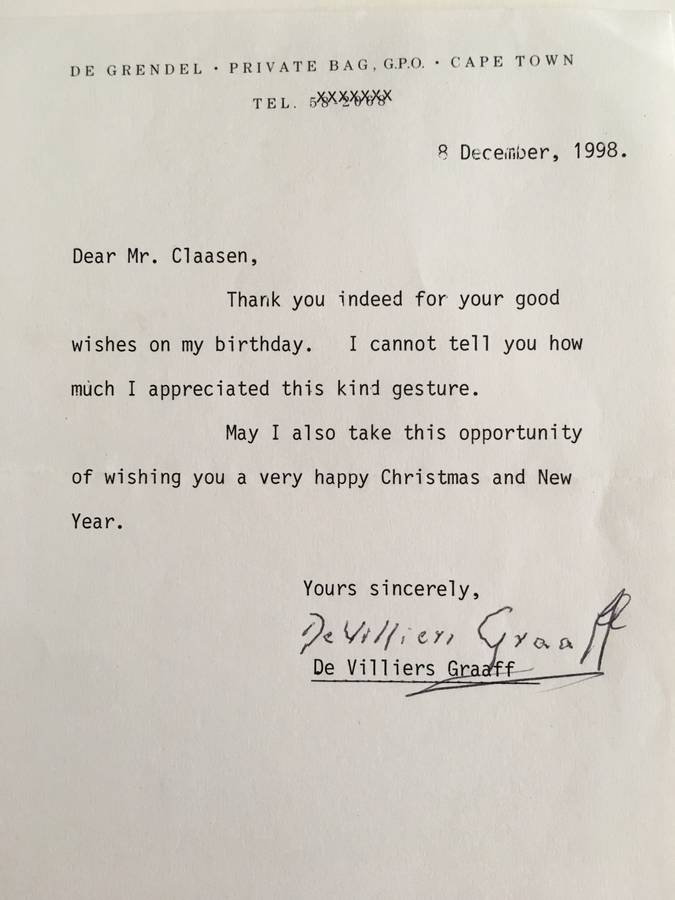 LOVELY SIGNED LETTER - SIR DE VILLIERS GRAAFF LEADER OF THE UNITED PARTY - 1972