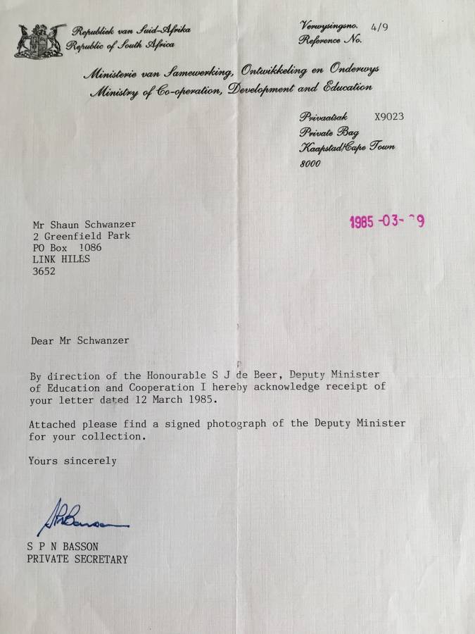 LOVELY VINTAGE AUTOGRAPH  AND LETTER OF FORMER MINISTER S.J. DE BEER - 1985
