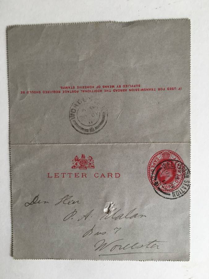 LOVELY VINTAGE LETTER CARD FROM OUMA RACHEL ELIZABETH MALAN - 1857-1931 TO SON PIETER ANDRIES MALAN