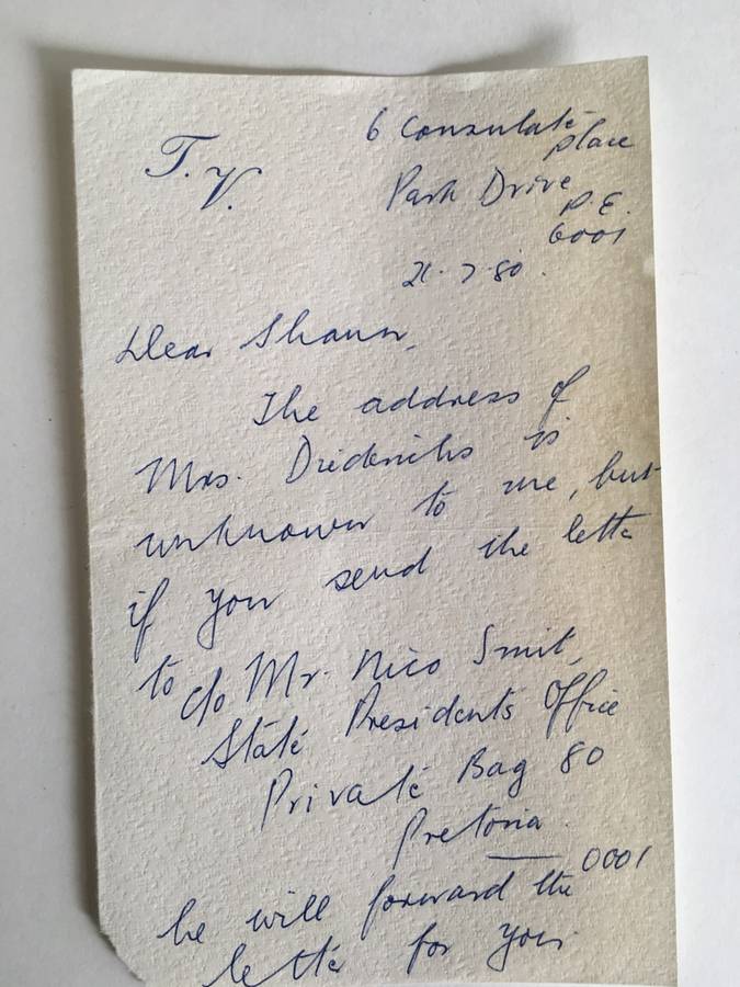 LOVELY LETTER  FROM FORMER PRESIDENT WIFE MRS TINI VORSTER  - 1980