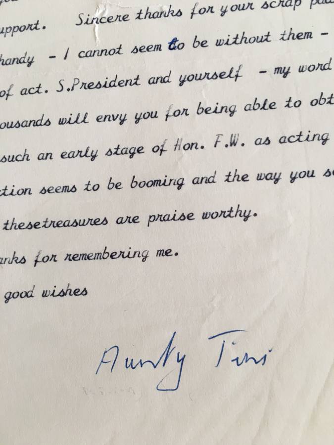 LETTER FROM FORMER PRESIDENT  WIFE MRS TINI VORSTER - 1989