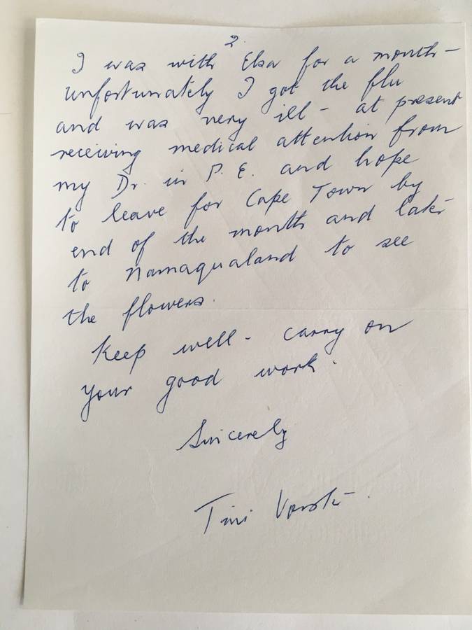 LOVELY LETTER FROM FORMER PRESIDENT WIFE MRS TINI VORSTER - 1986