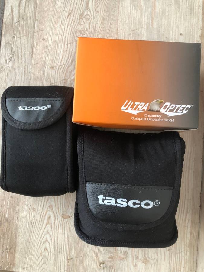 BULK DEAL- TWO TASCO AND ONE ULTRAOPTEC 10X25 POCKET BINOCULARS IN ORIGINAL POUCHES