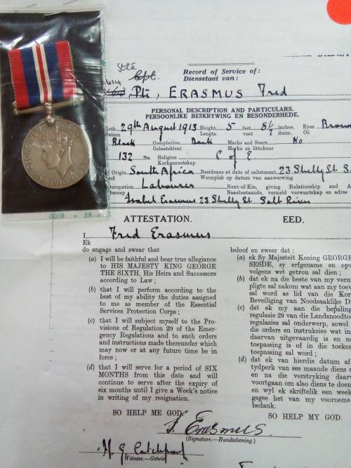 1939 / 45 WAR MEDAL WITH COPY SERVICE CARD ... ERASMUS