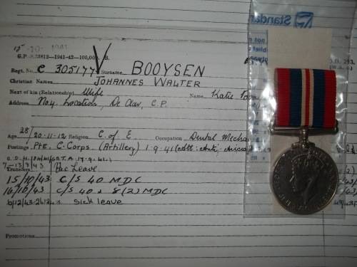 1939 / 45 WAR MEDAL WITH COPY SERVICE CARD ... BOOYSEN