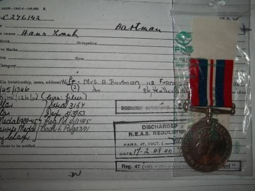 1939 / 45 WAR MEDAL WITH COPY SERVICE CARD ... BARTMAN