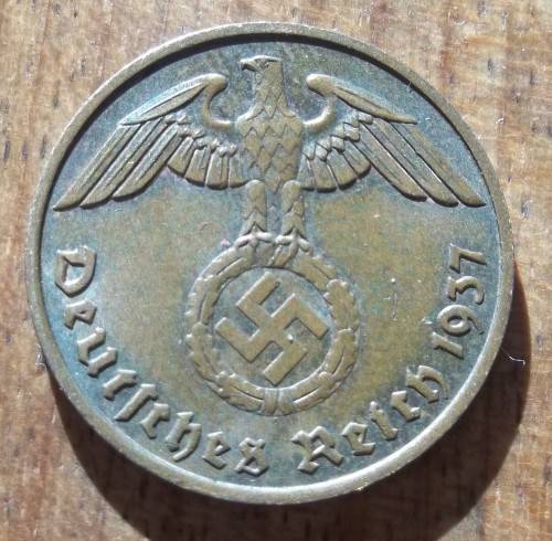 GERMAN THIRD REICH 1937 (A) COPPER 2 REICHS PFENNIG COIN.