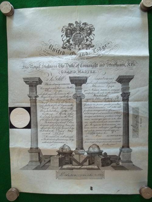 Masonic Freemason Certificate to Albert Geyer - Mendelsohn lodge South Africa