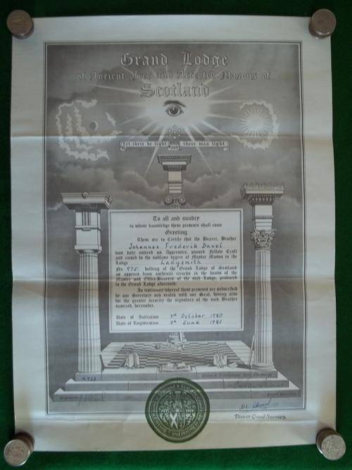 Masonic Freemason Certificate to Johannes Frederik Davel - Ladysmith Lodge
