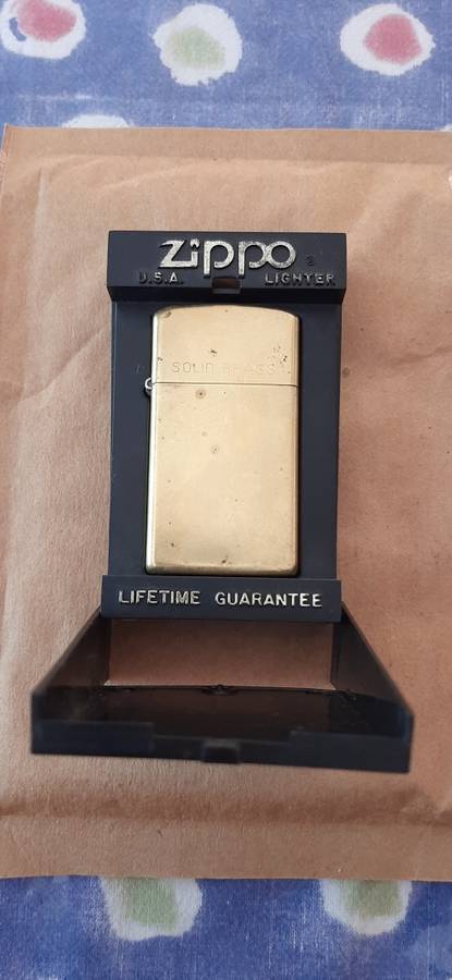 ** ORIGINAL- Vintage Solid Brass ZIPPO Slim Petrol Lighter w/ Certificate and Display Case. **