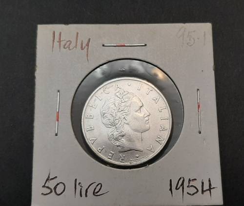 **ORIGINAL: Post-War 1954 Italy 50 Lire Coin (Sealed)  .**