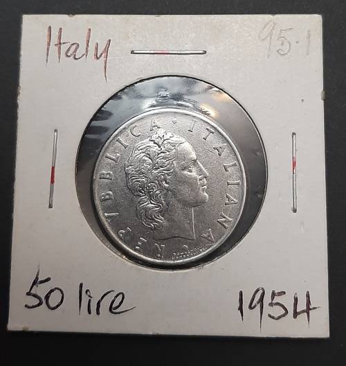 **ORIGINAL: Post-War 1954 Italy 50 Lire Coin (Sealed)  .**